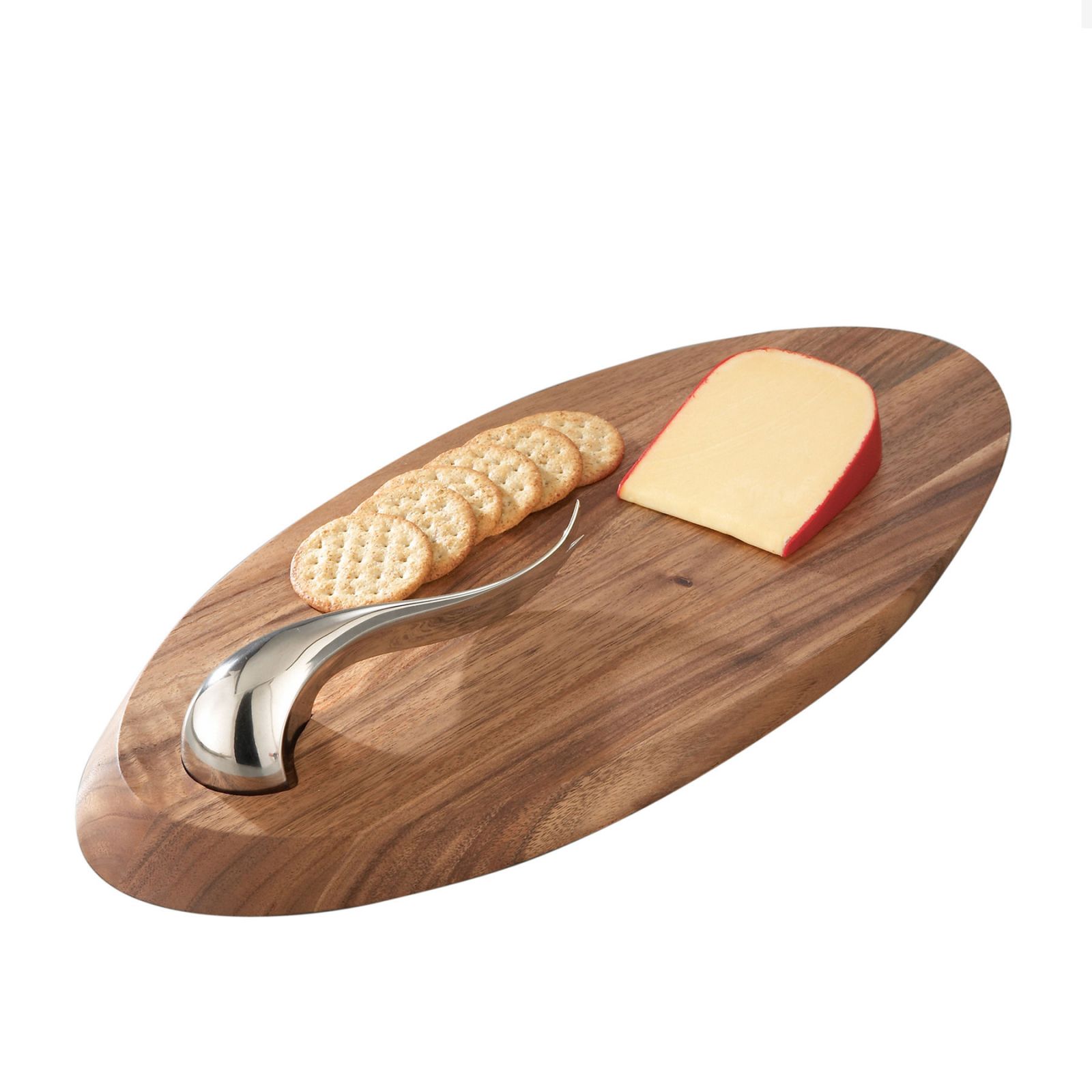 Nambe Swoop Cheese Board w/Knife with cheese and crackers on it