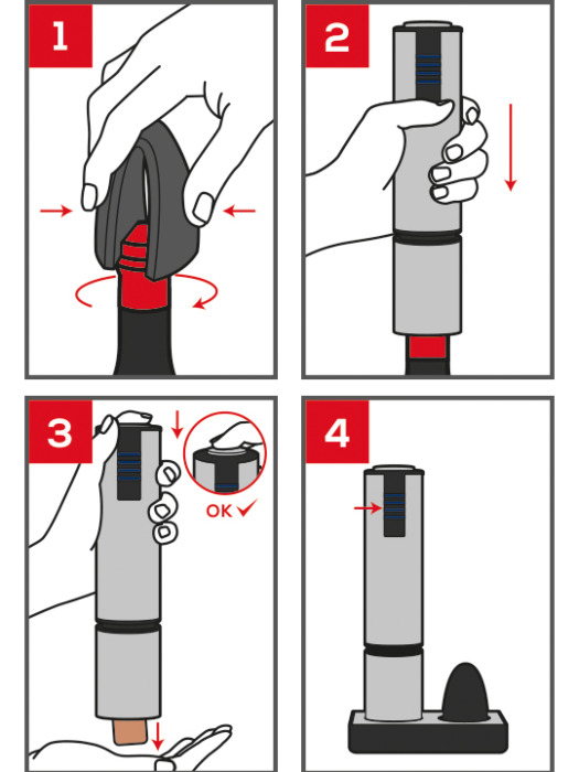 diagram of how to use the Elis Touch rechargeable electric corkscrew