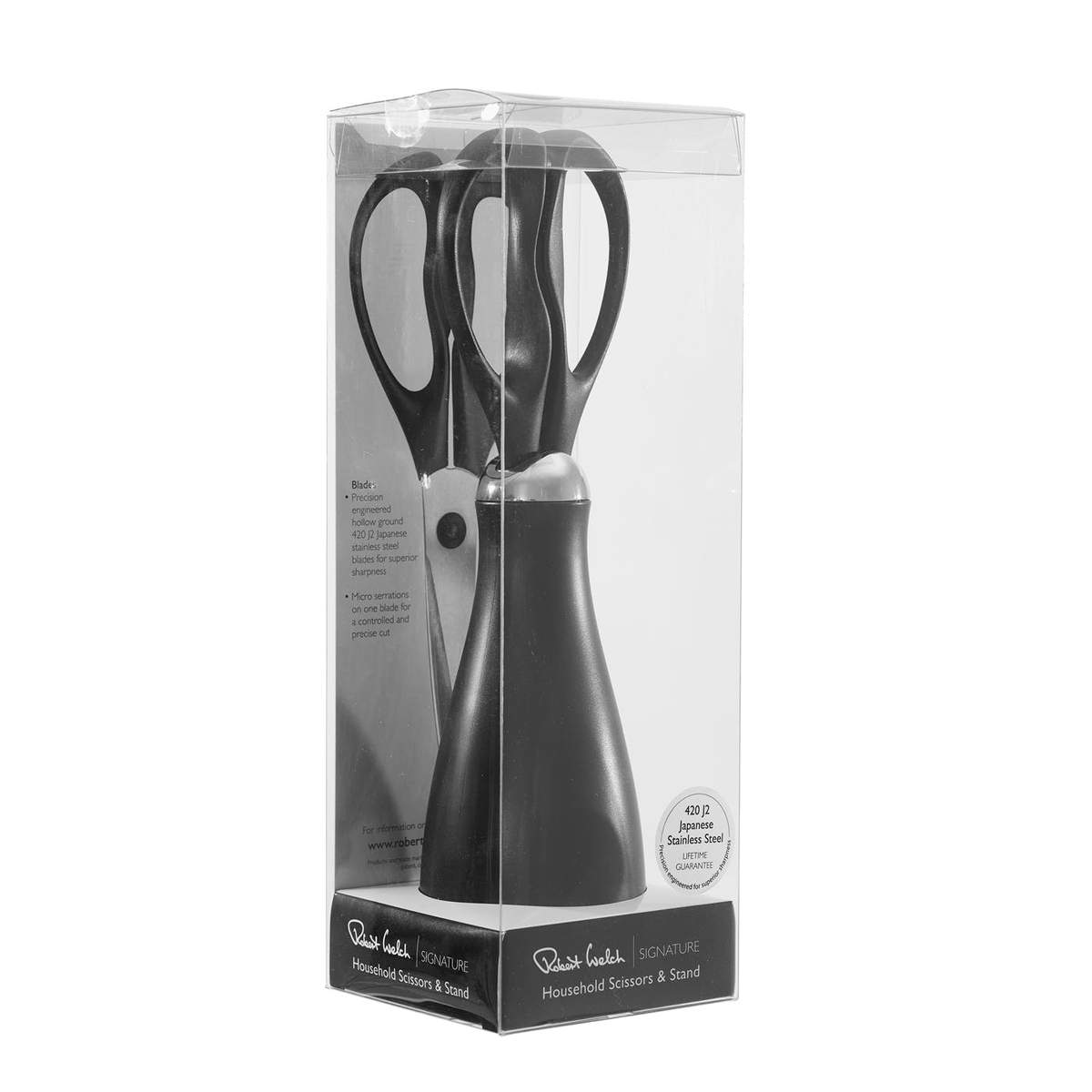 Robert Welch Signature Scissors and Stand in package - side view