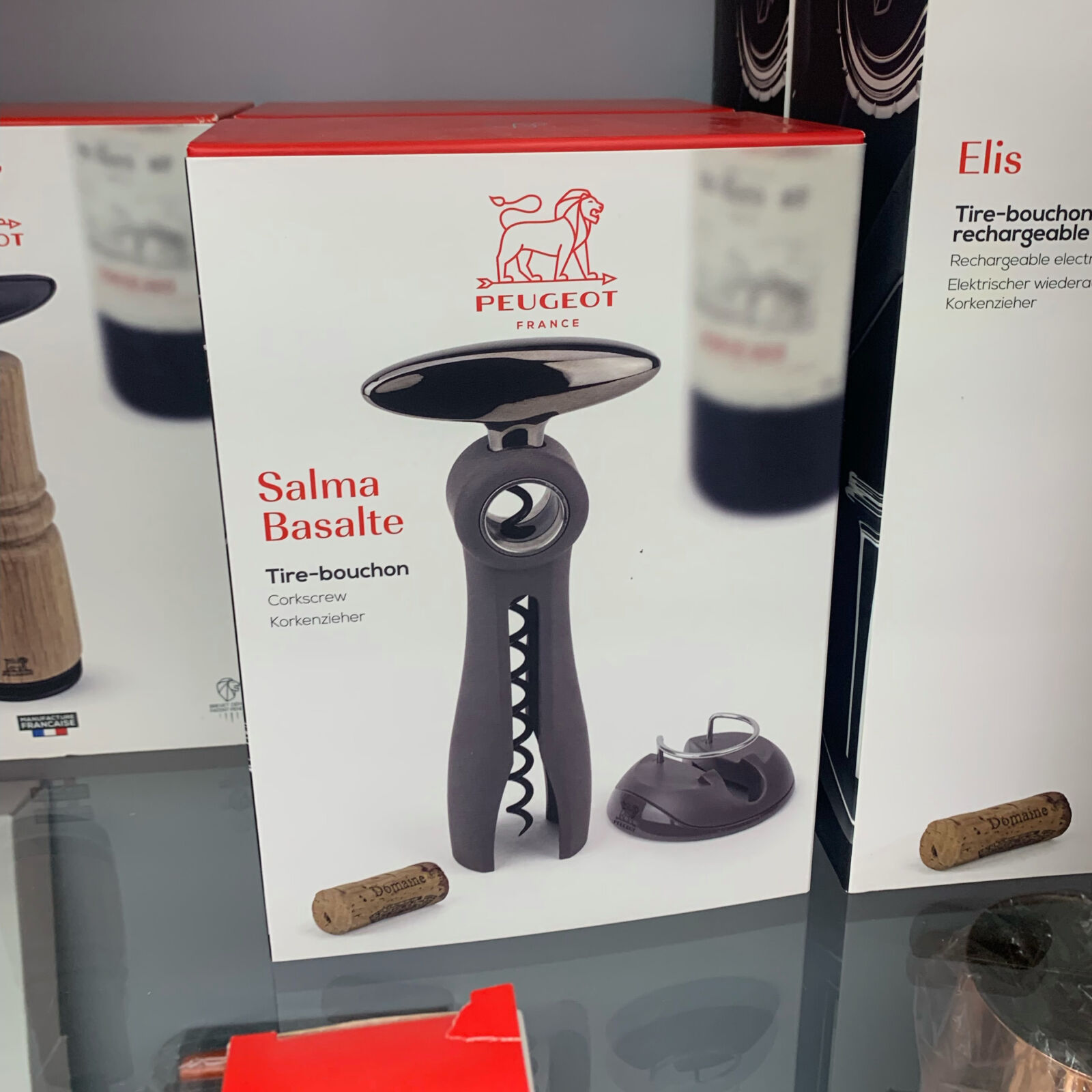 Peugeot Salma Basalte Corkscrew in packaging and displayed at the store