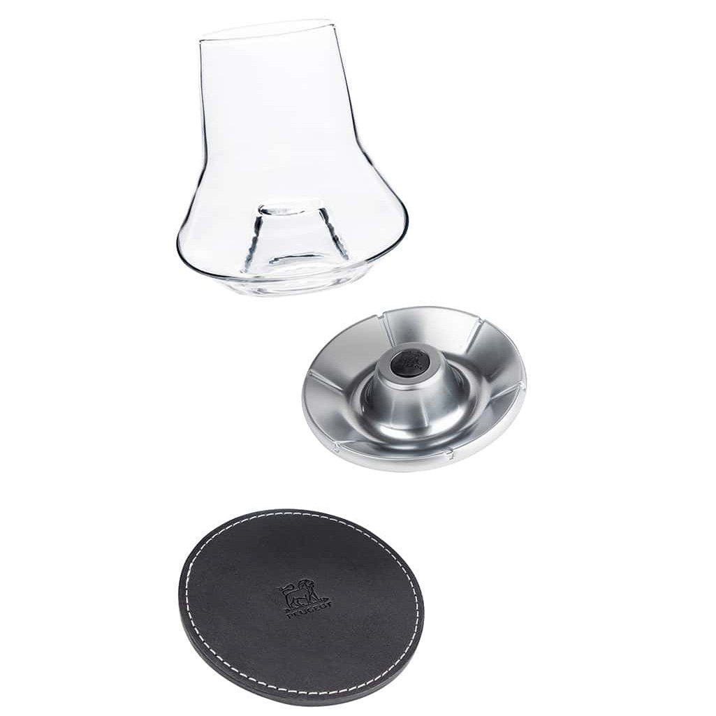Peugeot Whiskey Tasting Set - glass, chilling base, and coaster separated