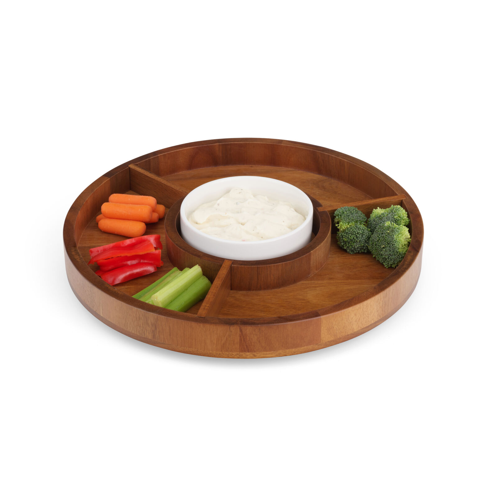 Nambe Duets Lazy Susan - acacia wood sections filled with cut veggies and porcelain bowl filled with sauce