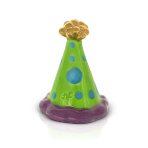 Nora Fleming mini Hats Off to 20 Years shaped like a green party hat.