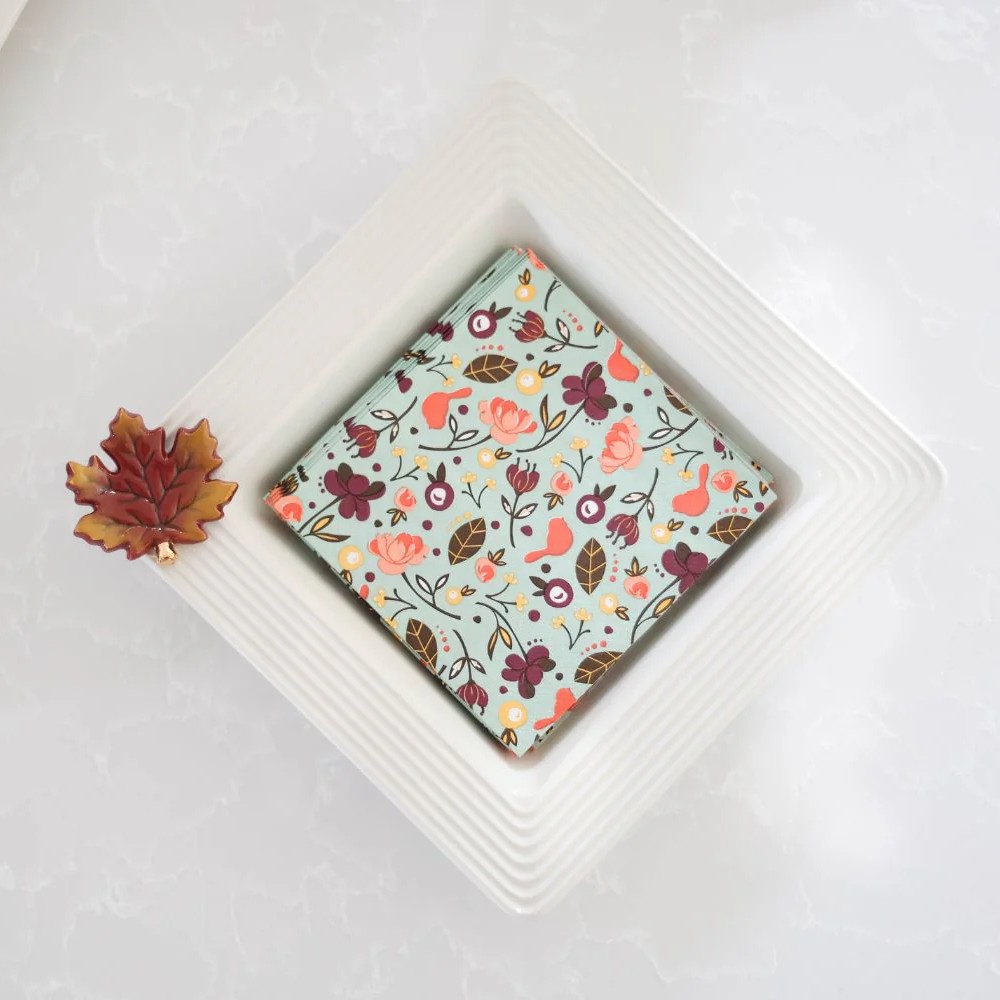 Nora Fleming Pinstripe Candy and Napkin Dish with autumn leaf mini and filled with napkins